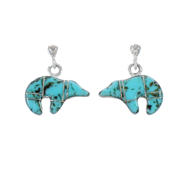 Turquoise Inlay Sterling Silver Bear Post Dangle Earrings AX129994
